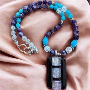 One of a Kind RARE handmade Blue Faceted Larimar &Genuine Amethyst DichloricPdnt